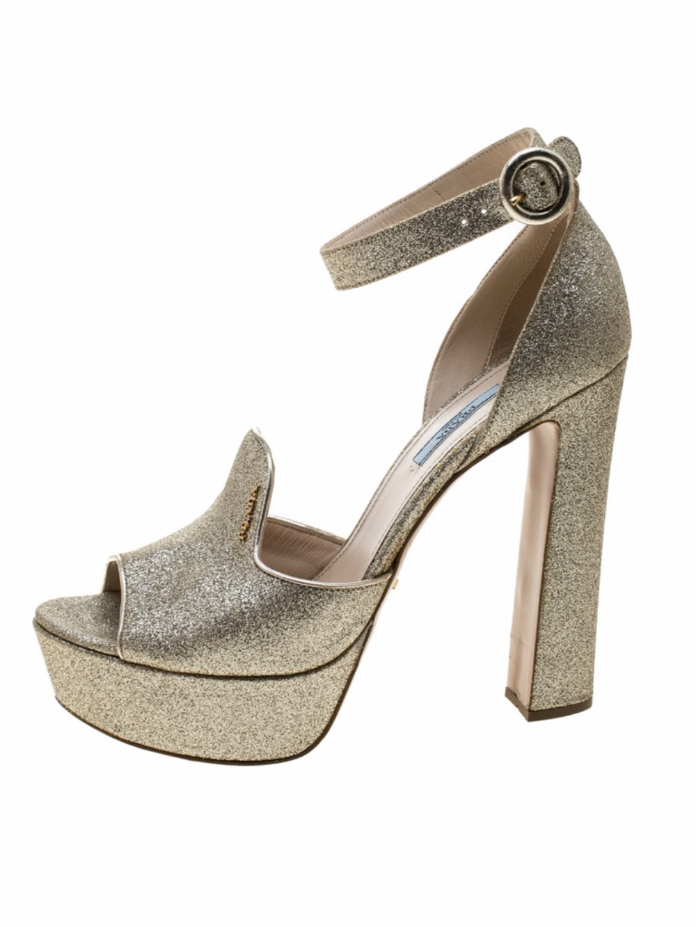 Prada Gold Glitter Platform Ankle-Strap Block Heel Sandals in Size 35